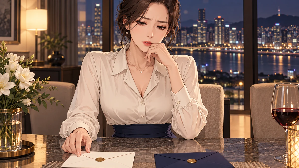 米色衬衫的成年女性坐在夜间餐桌旁，桌上有信封与深蓝文件夹