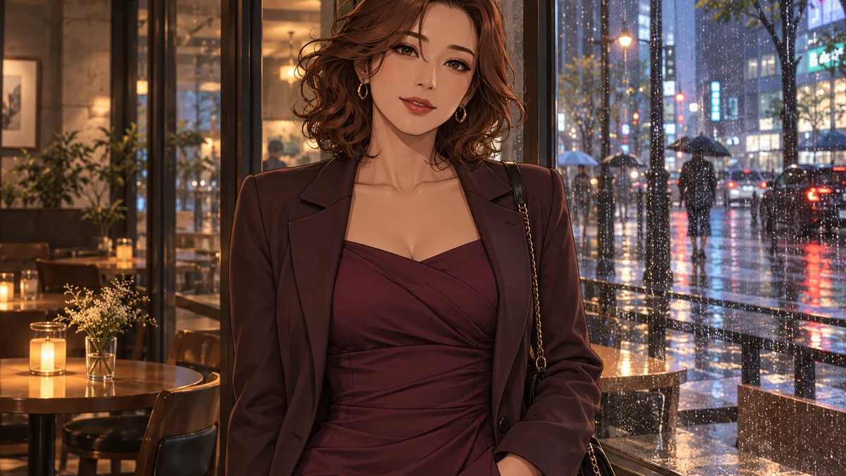 卷发成年女性穿梅紫外套，站在雨后咖啡馆窗边