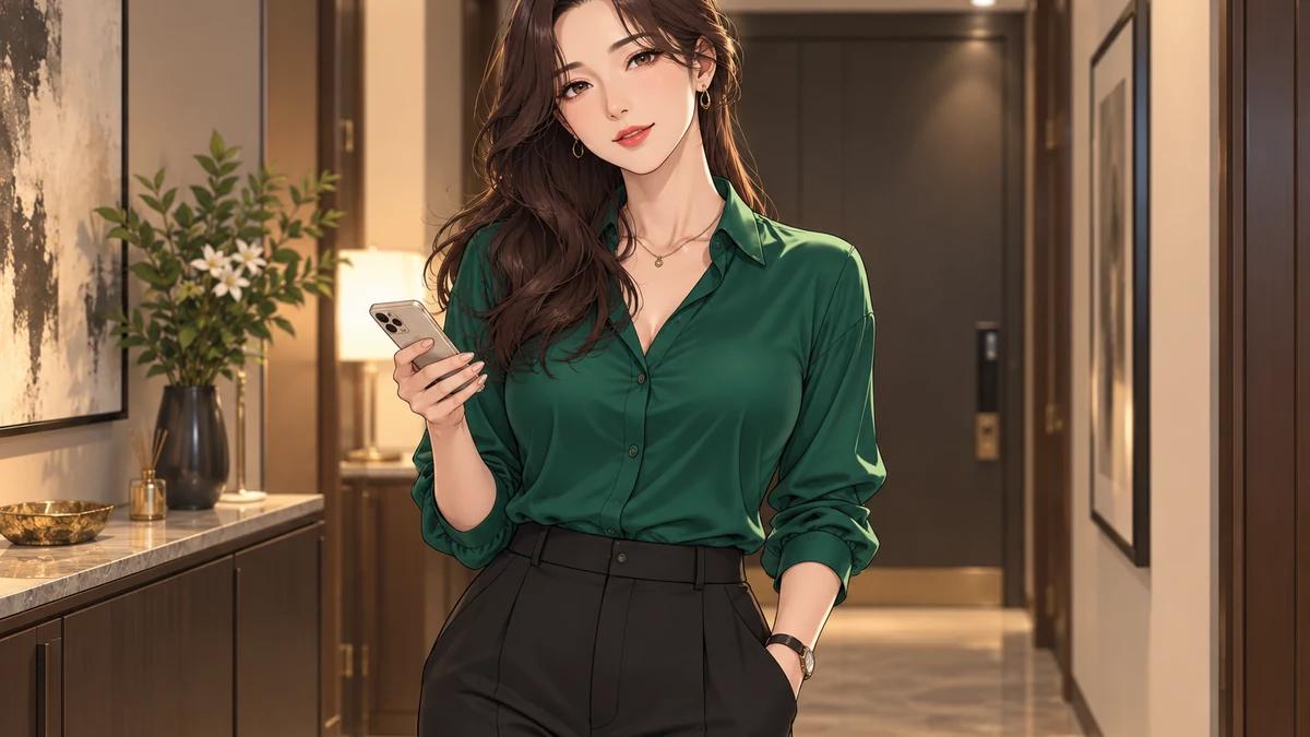 深绿衬衫与黑色长裤的成年女性站在公寓走廊