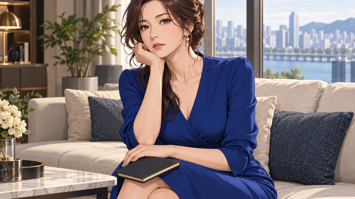 蓝色连衣裙的成年女性坐在城市窗边，身旁有合上的笔记本