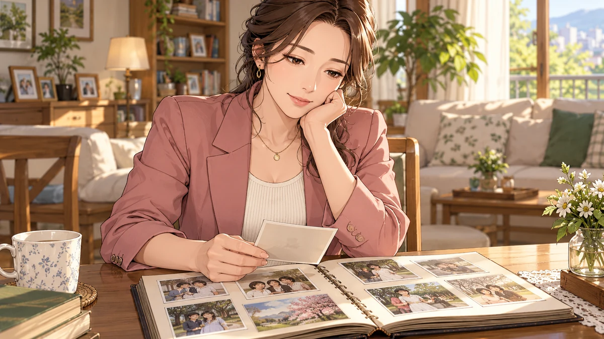 粉色外套的成年女性在客厅桌前翻看相册