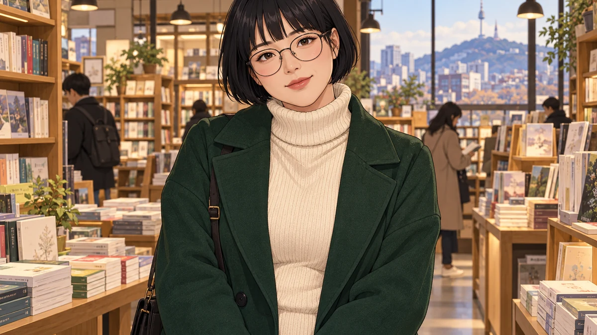 齐耳短发戴眼镜的成年女性穿米白外套，站在暖色书店