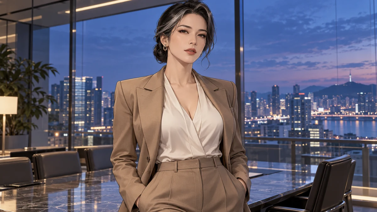 盘发成年女性穿米色西装，站在蓝色夜景前的玻璃会议室