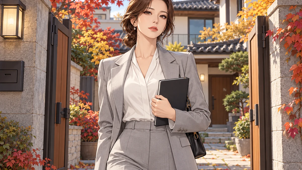 灰色西装的成年女性拿着笔记本，站在秋日宅院门口