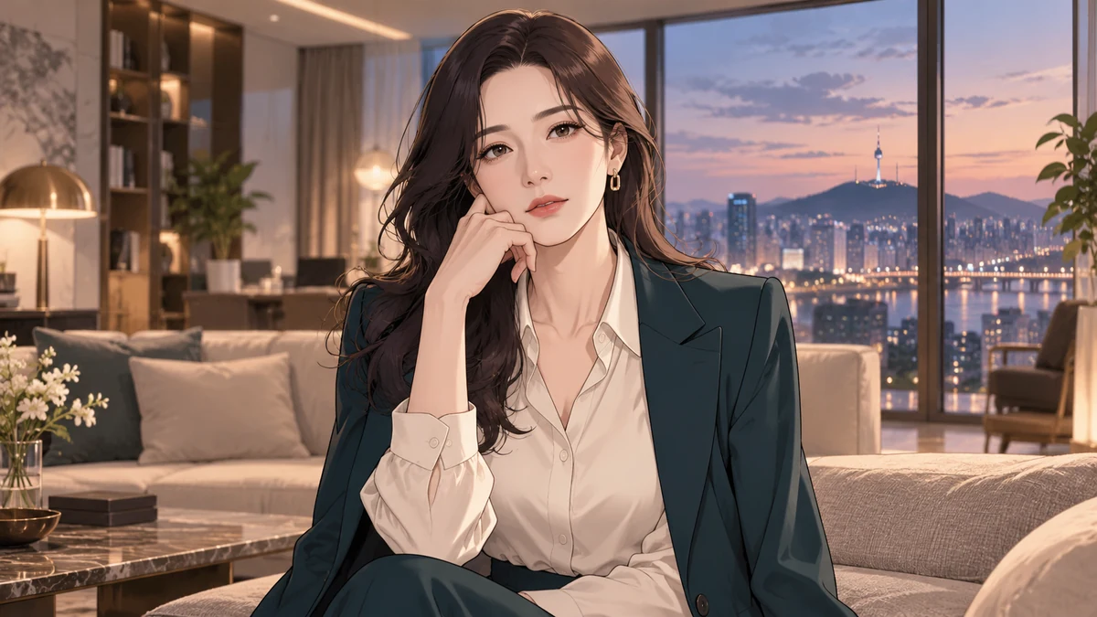 深色西装与米色衬衫的成年女性坐在首尔夜景公寓的沙发前